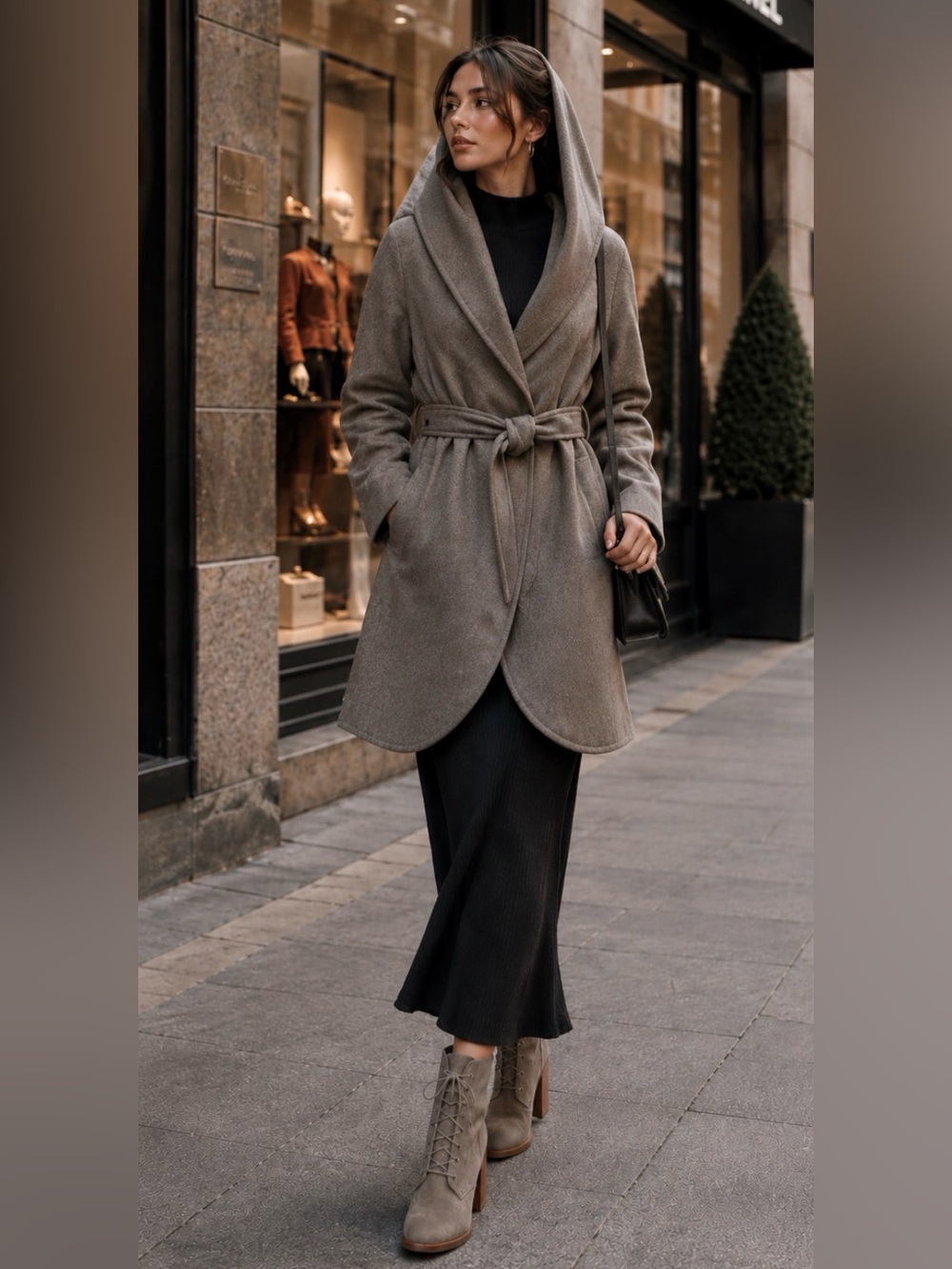 NWT HALOGEN Belted Wrap Shawl Cape Hood Coat Wool Blend Taupe 1X MSRP $368